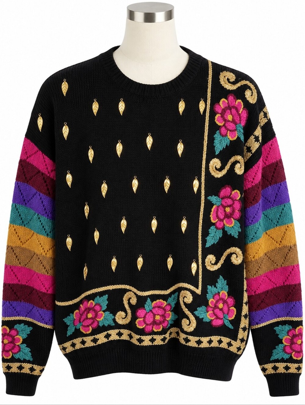 VTG Carole Little Sweater M Black Knit Rainbow Striped Gold Floral Embroidered